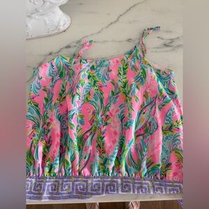 Lilly Pulitzer Pink and Green Leaf Print Top w purple tie at waist